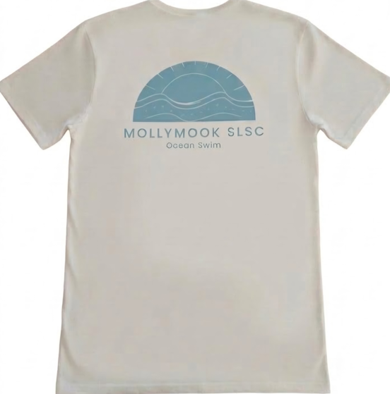 Back of the white Mollymook Ocean Swim short-sleeve T-shirt with a large aqua ocean-swim graphic.
