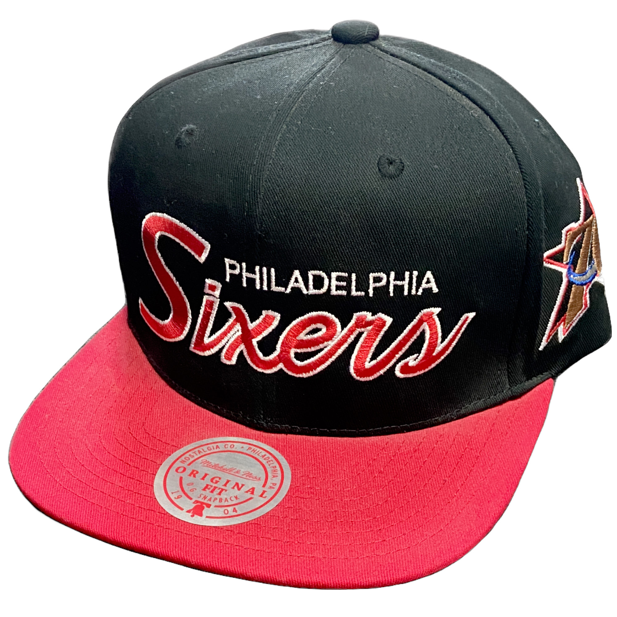 Philadelphia 76ers Retro Script Mitchell and Ness Black/Red Snapback Hat