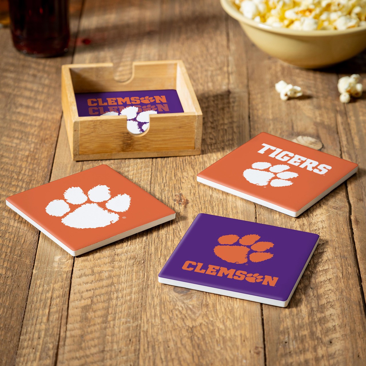 Clemson Tigers 4 Piece Coaster Set with Wood Caddy