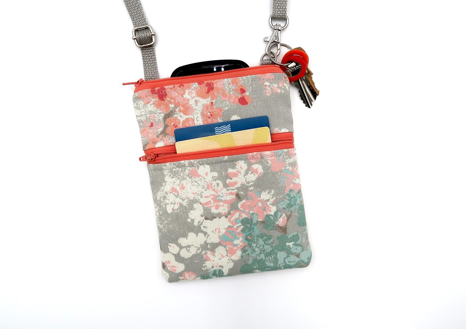 Small Crossbody Bag – Blossoms on Gray – handmade crossbody bag