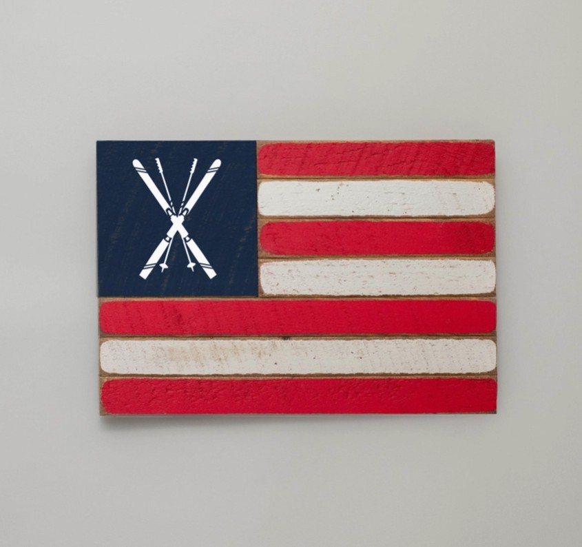 Crossed Skis Wooden American Flag Wall Art