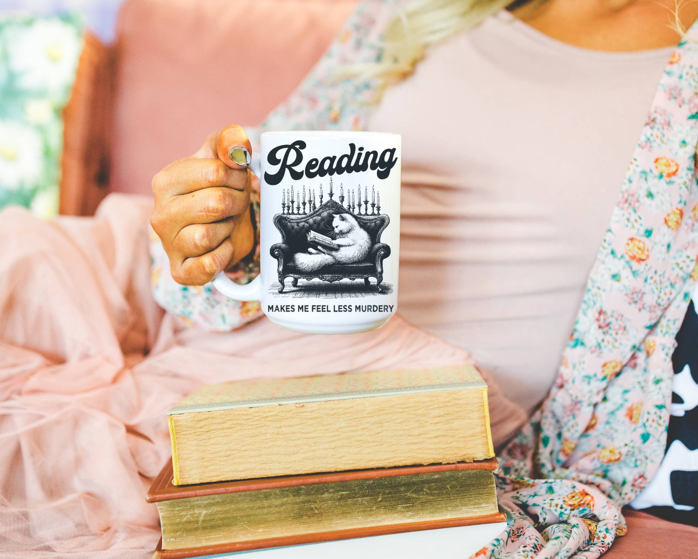 Ace the Pitmatian Co - Reading Cat Coffee Mug: 15 oz