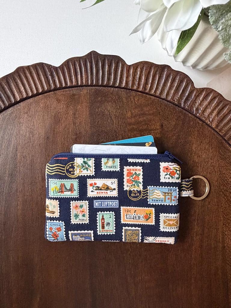 Keychain Pouch – Postage Stamps Navy – handmade keychain pouch