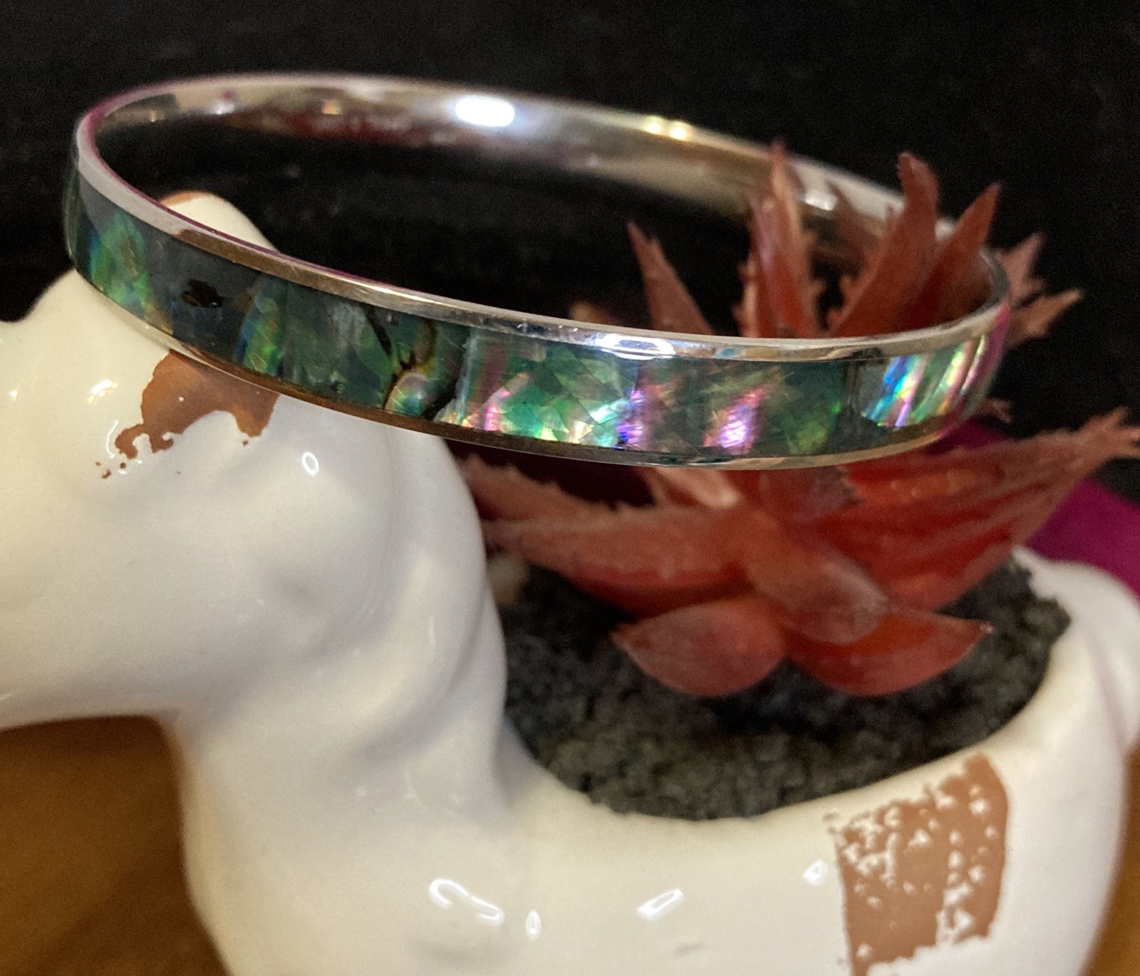 Abalone Shell and Enamel Bangle Bracelet in Stainless Steel