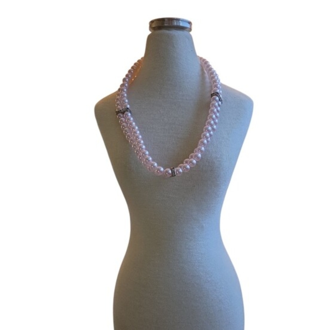 Silver Toned Rhinestones Pink Plastic Pearl Beaded Necklace 16"