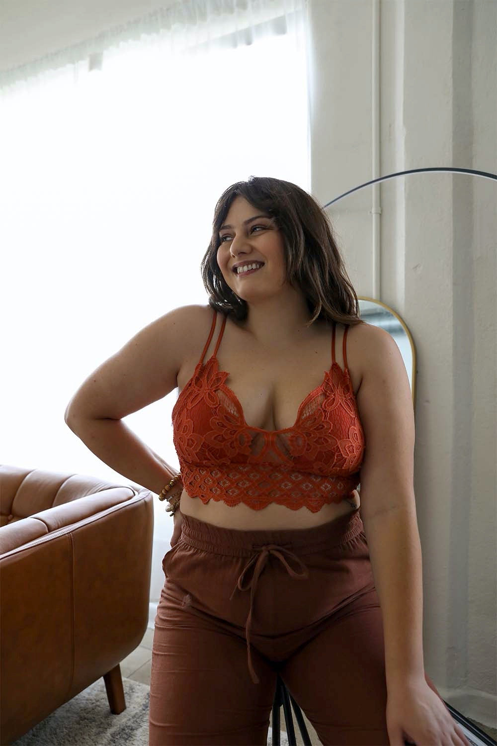 Plus Crochet Lace Longline Bralette in Rust · M