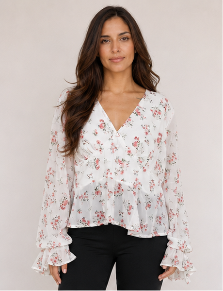 Plus Size Floral Chiffon V Neck Long Sleeve Peplum Blouse