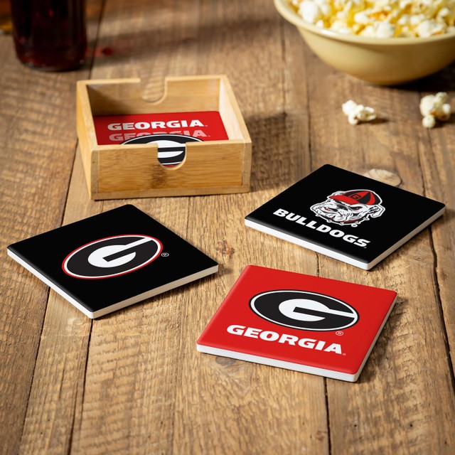 Georgia Bulldogs 4 Piece Coaster Set with Wood Caddy