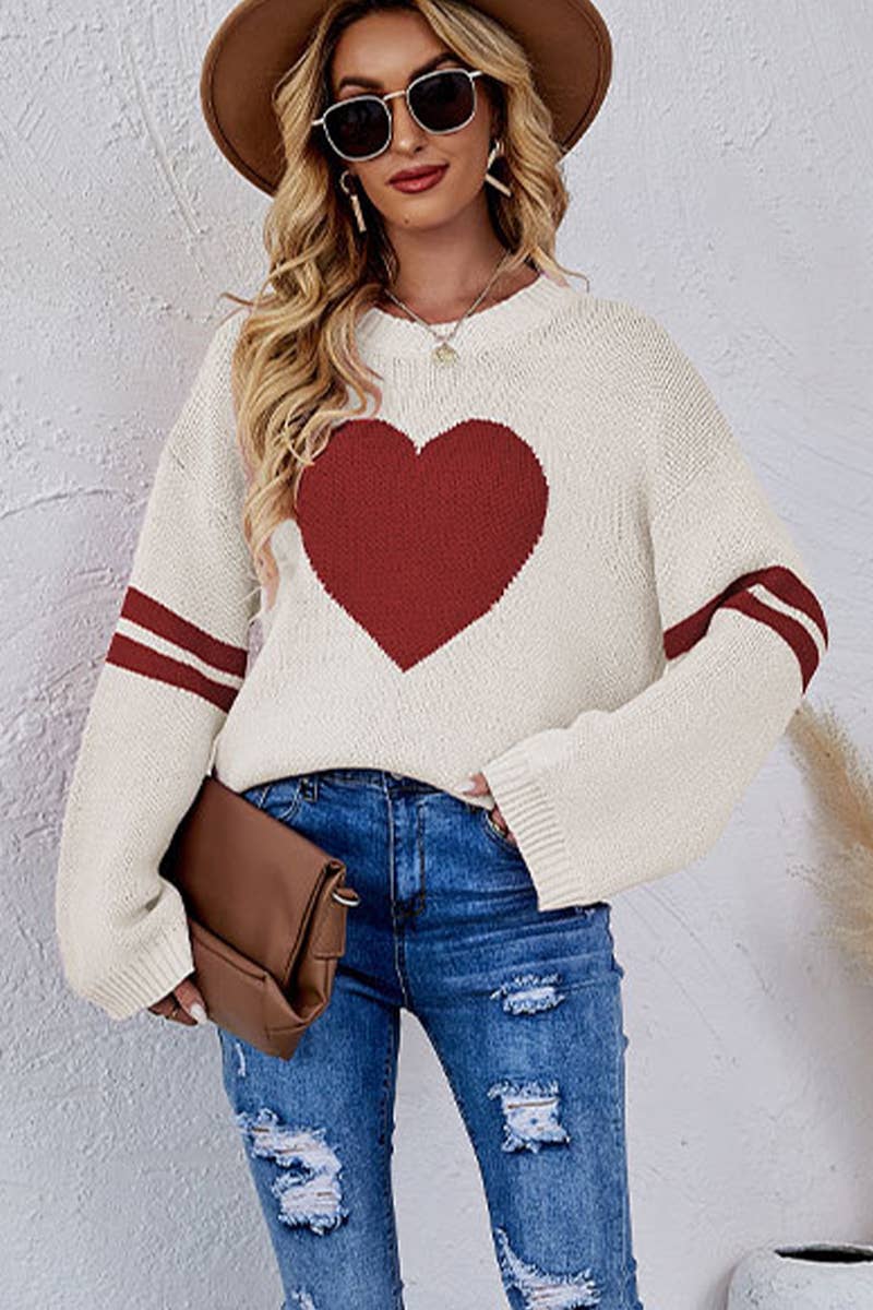 LLY WOMEN OVERSIZED HEART PRINTING RIBBED PULLOVER - White, (L) 1