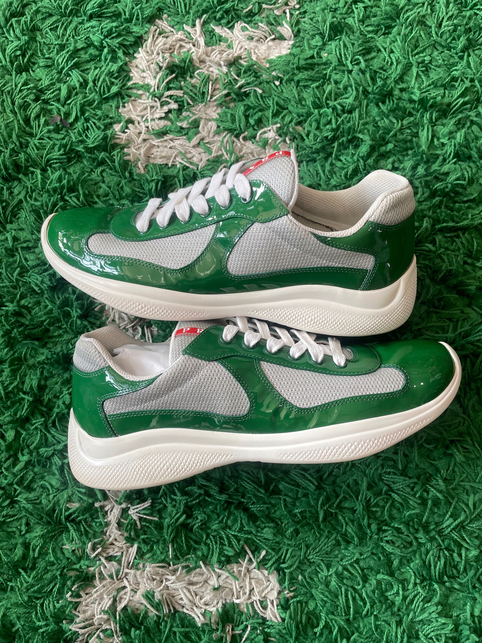 Prada America's Cup Patent Leather & Technical Fabric Sneakers in the Green / Silver colorway size 9 (used)