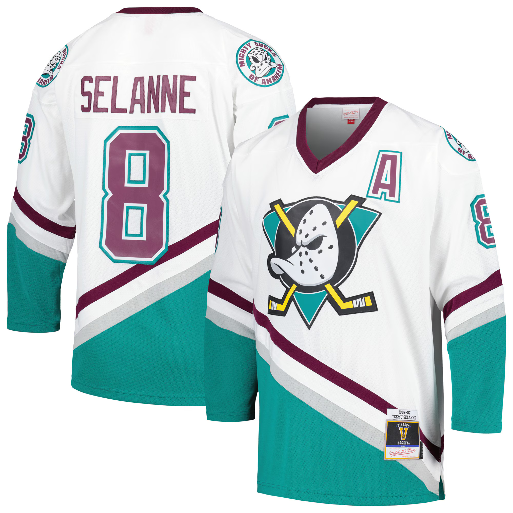 Anaheim Ducks 1996-97 Teemu Selanne #8 Mitchell and Ness White/Teal Blue Line Jersey