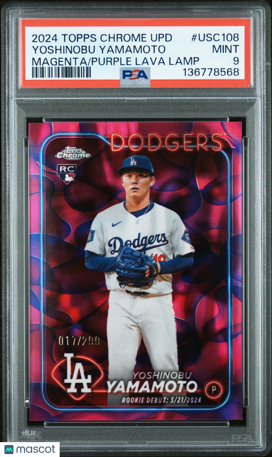2024 Topps Chrome Update Yoshinobu Yamamoto Magenta Purple Lava Lamp /299 PSA 9