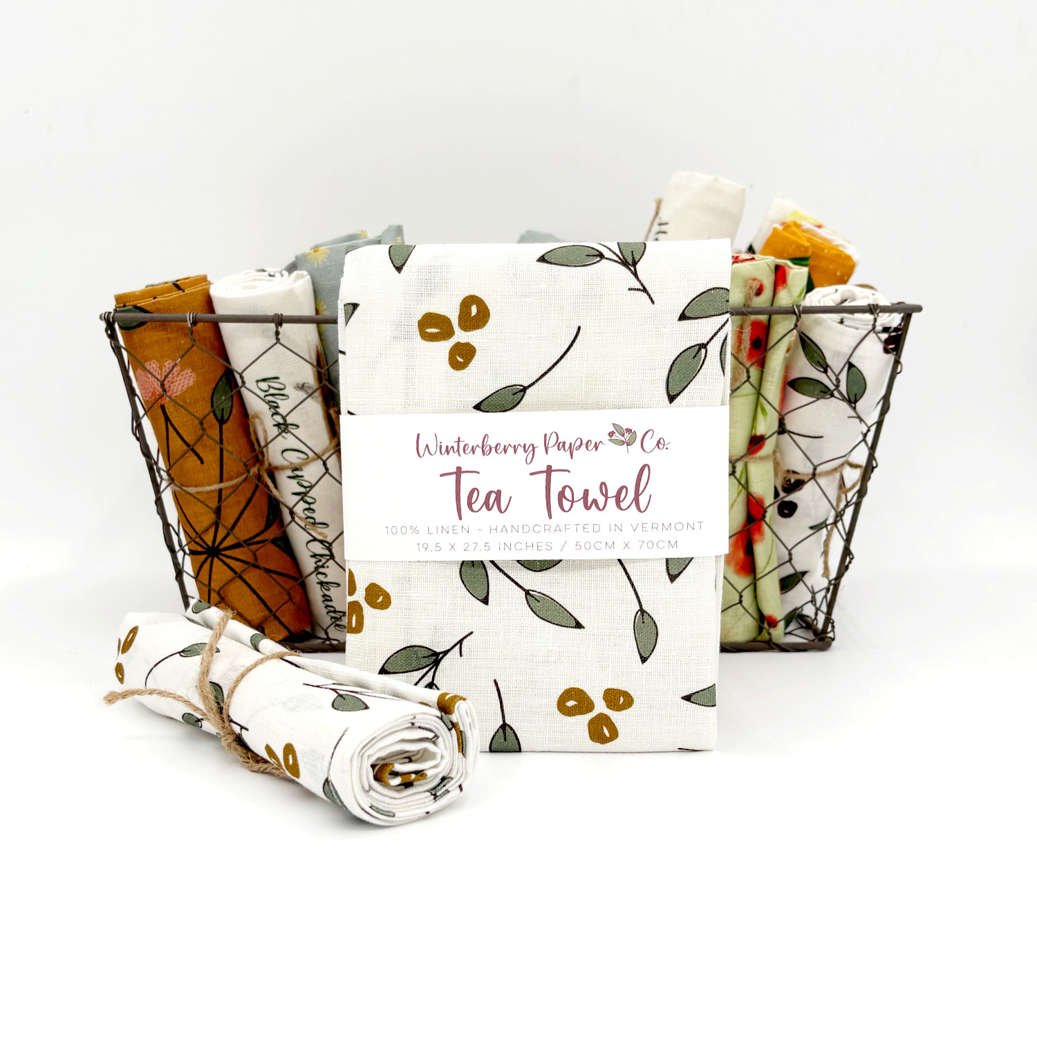100% Linen Tea Towel ~ Christmas Leaves (Gold)