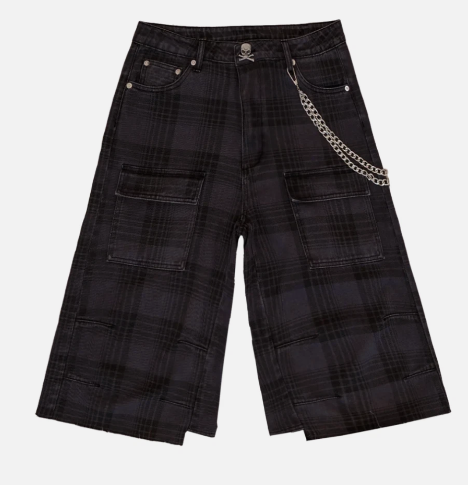 Bravest Studios Bravest Studios Black Plaid Baggy Cargo Shorts w/ Chain