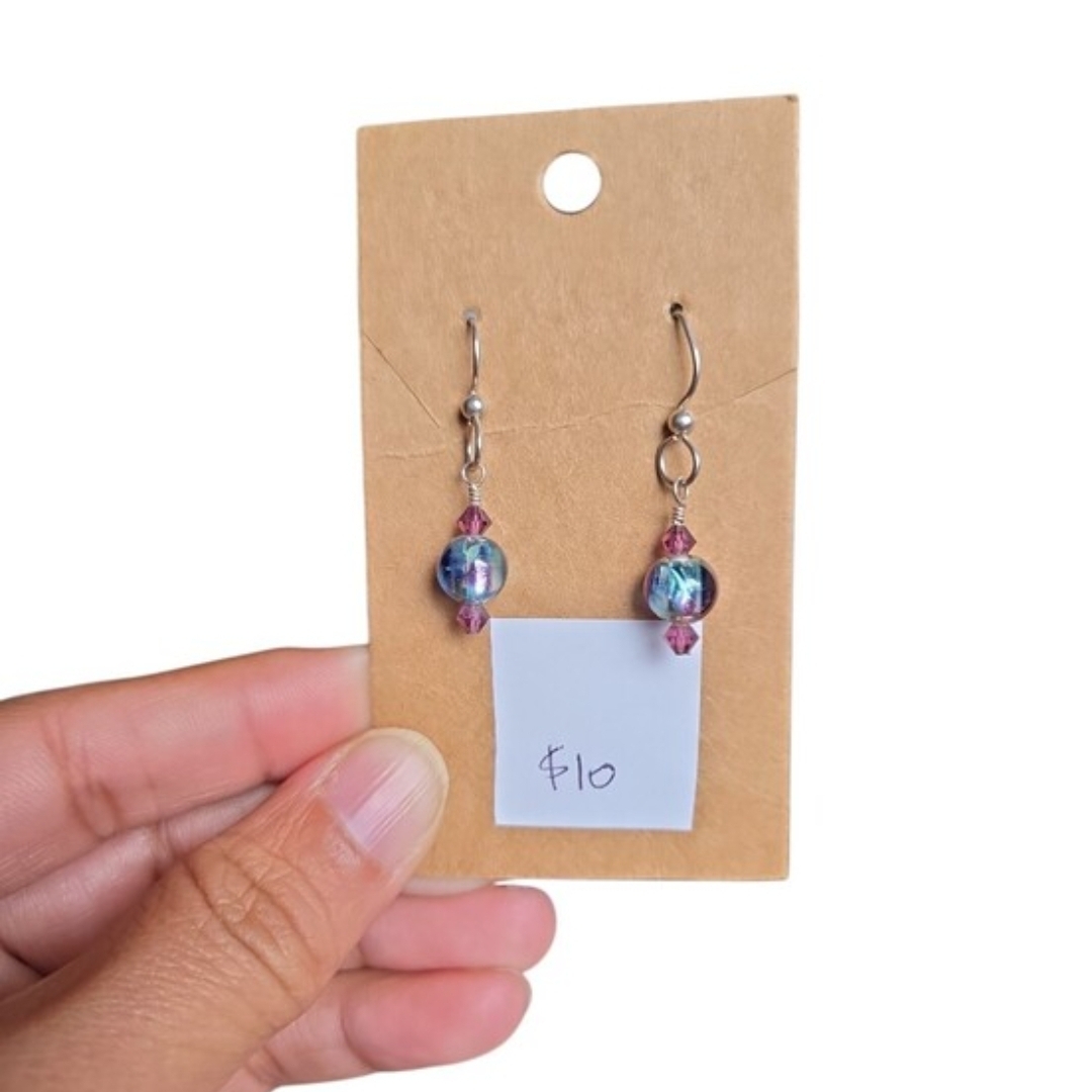 Silver Toned Handmade Iridescent Blue Glass Drop Earrings Pink Accents 1.75"