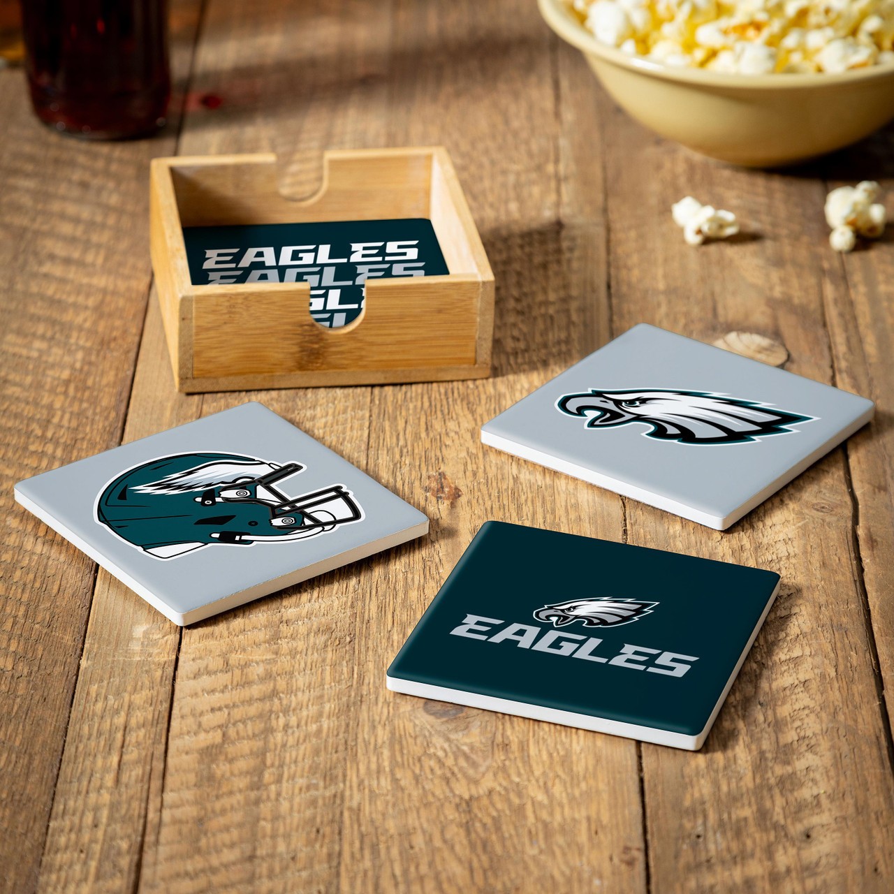 Philadelphia Eagles 4 Piece Coaster Set with Wood Caddy