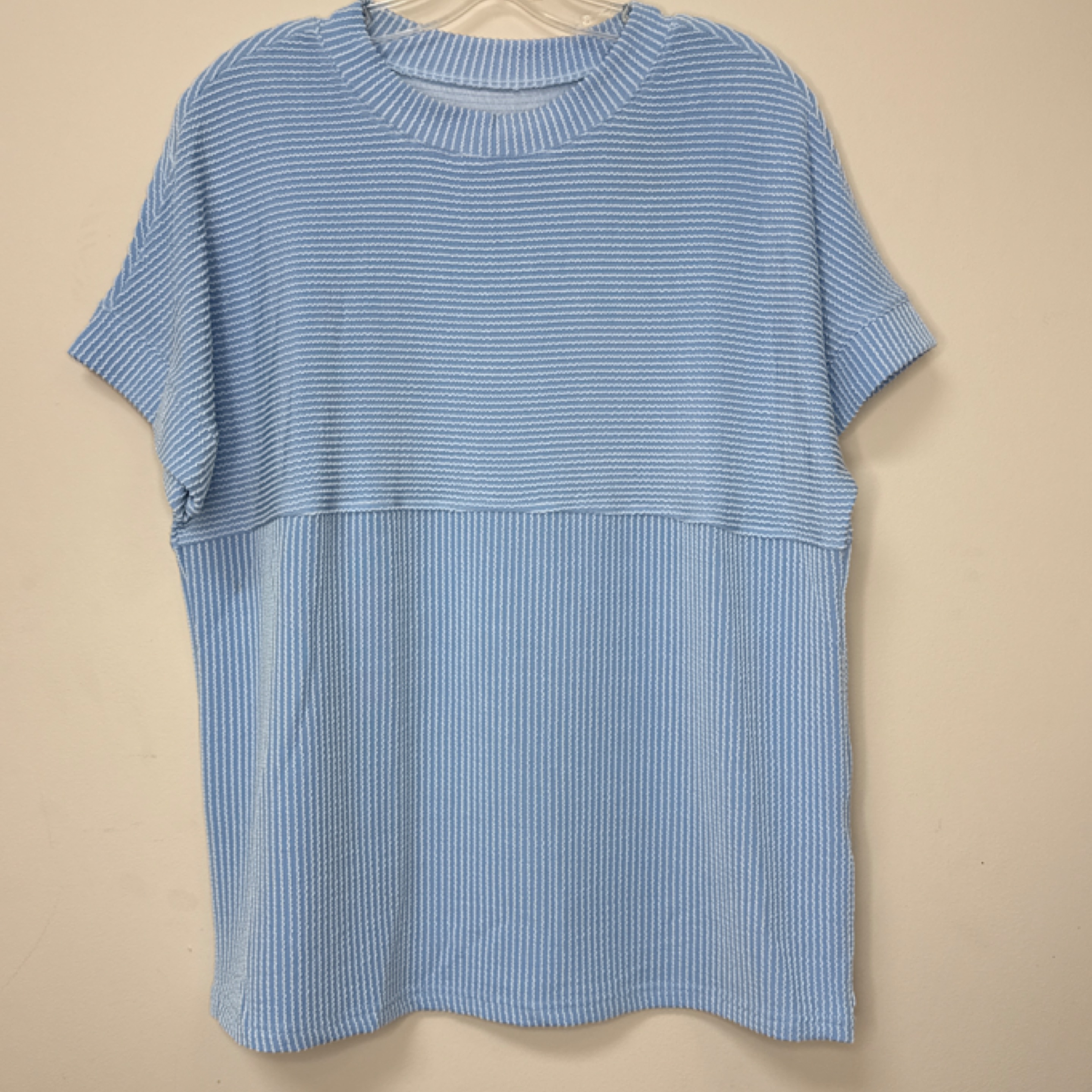 DL blue ribbed short sleeve top — Bama Tan boutique, Tuscaloosa AL