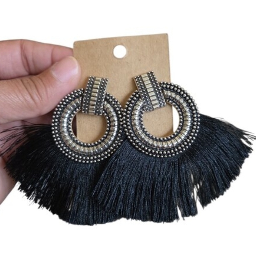 Silver Toned Aztec Black Fan Tassel Post Earrings