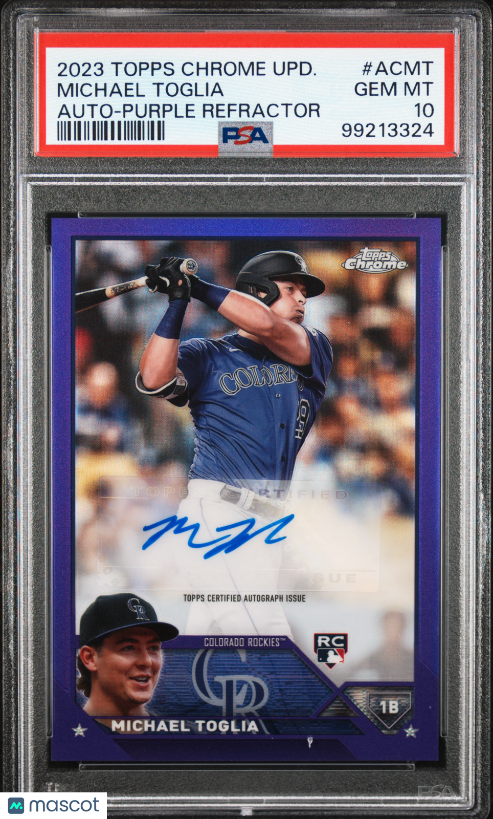 2023 Topps Chrome Update Michael Toglia Purple Refractor /250 Auto PSA 10