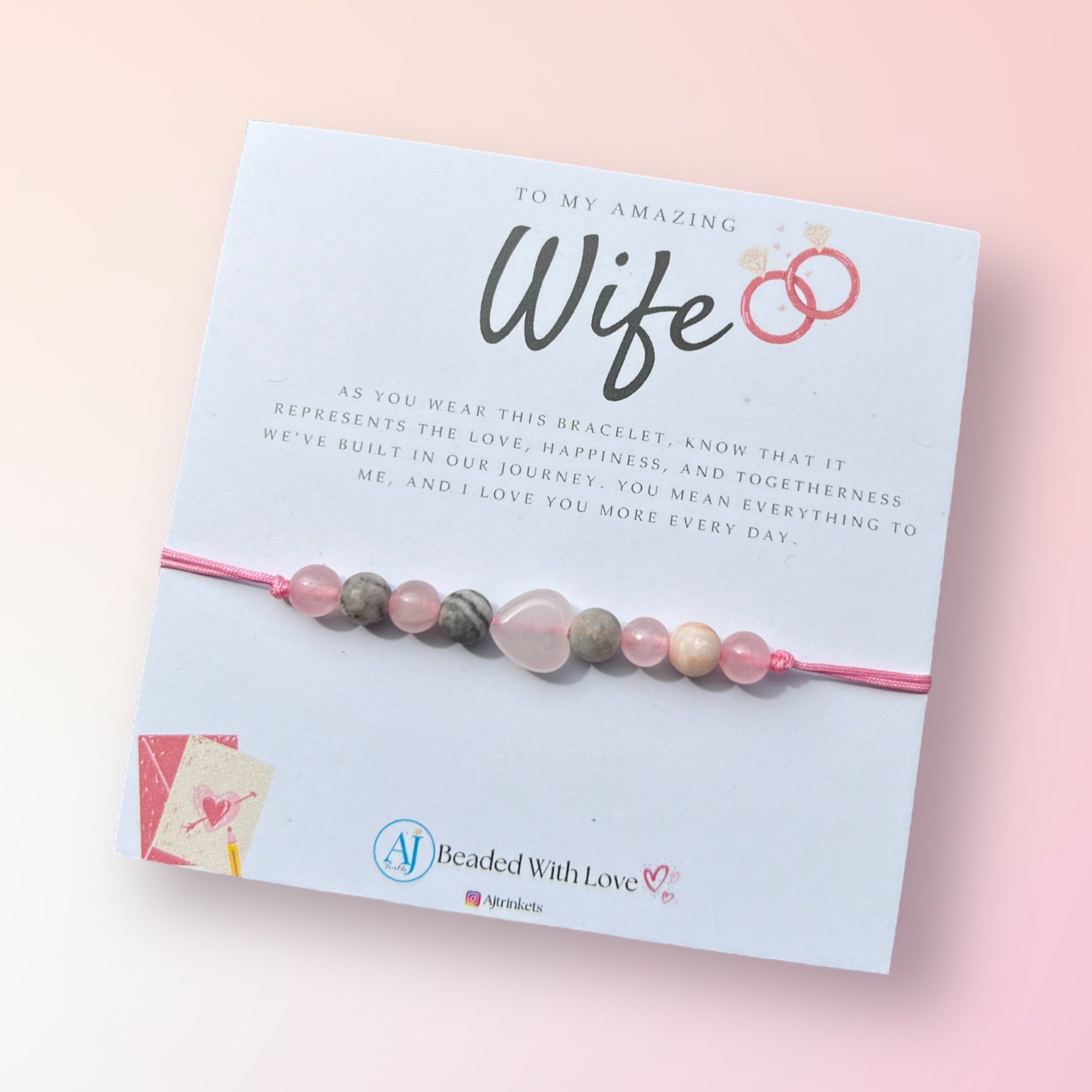 Rose Quartz Bracelet Wife Gift: Adjustable Nylon String, Handmade