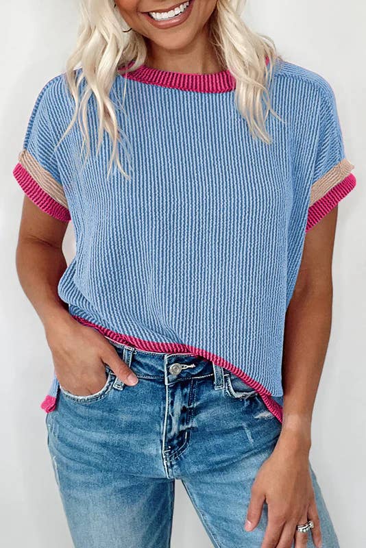 Textured Contrast Trim Round Neck T Shirt — Bama Tan boutique, Tuscaloosa AL