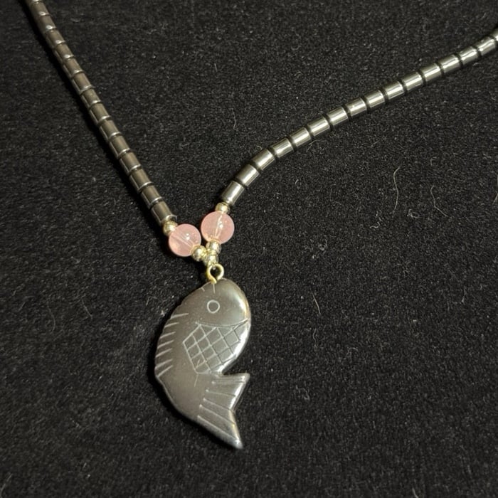 Hematite, pink gemstone Necklace with  Fish-shaped hematite pendant