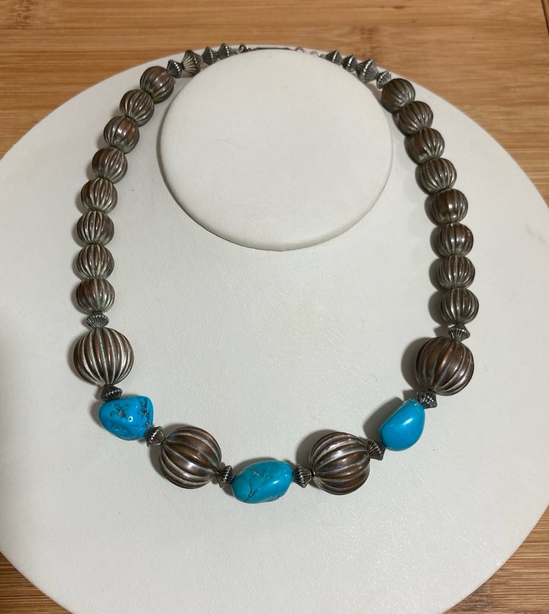 Silver tone Fluted Bead and Turquoise Necklace by M.E.