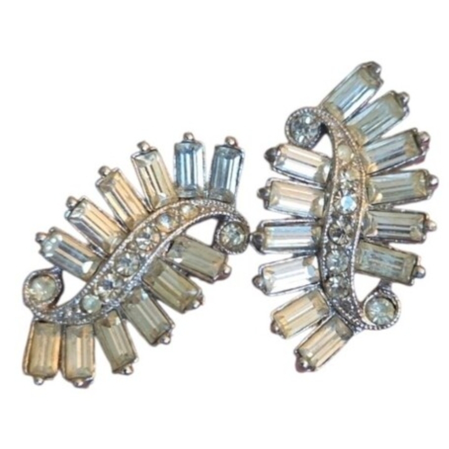 Vintage Silver Toned Crystal Baguette Fan-Style Cuff Links