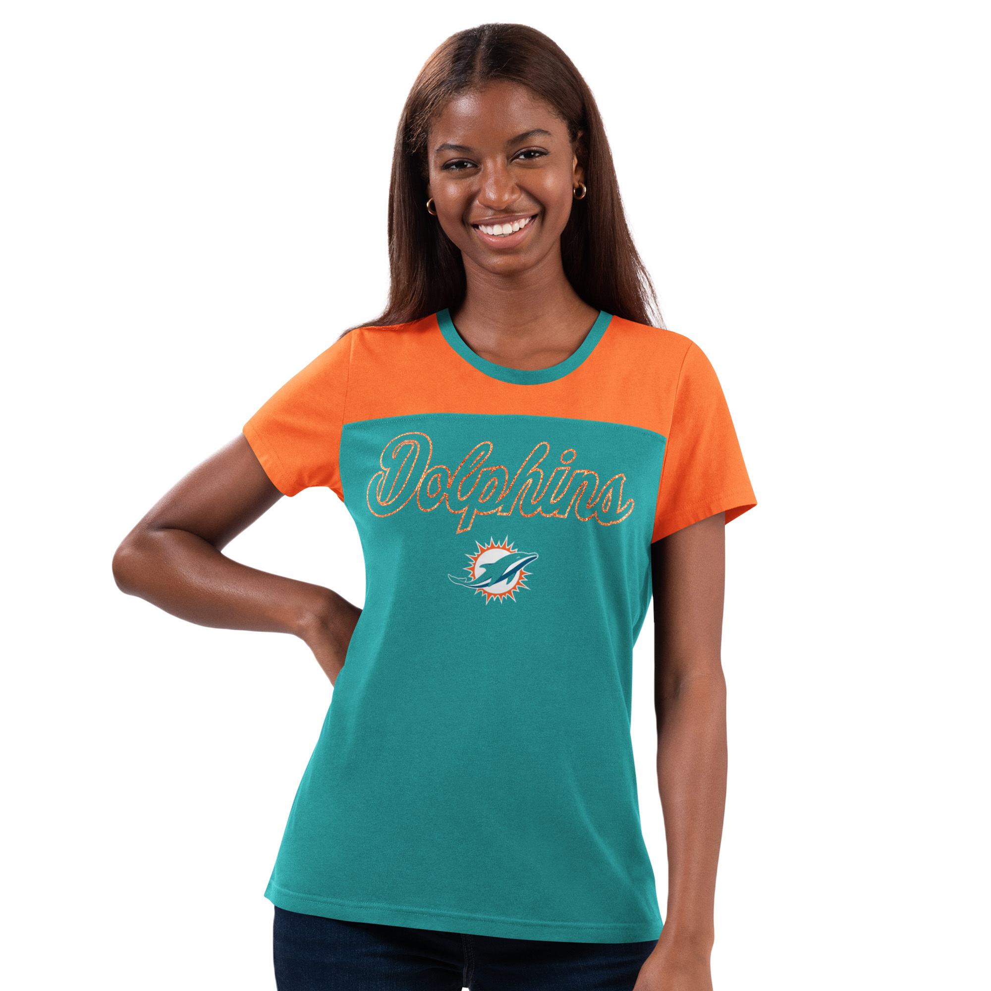 Miami Dolphins Ladies Aqua/Orange Glitter g-III Shirt