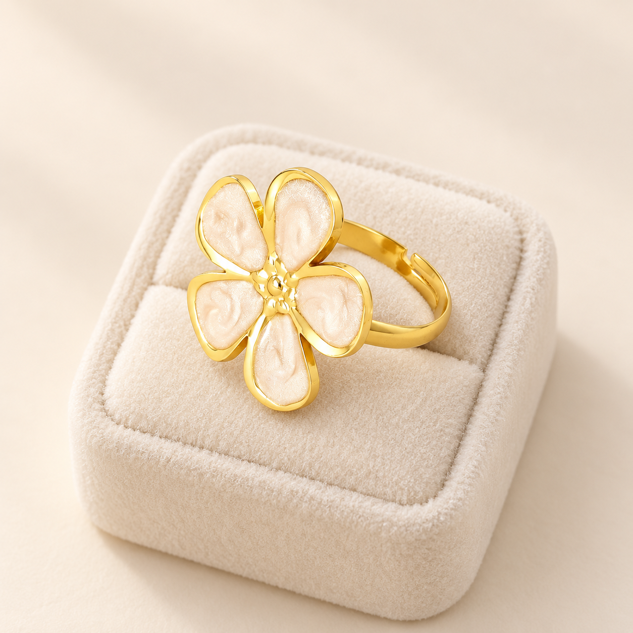 18K Gold Plated 304 Stainless Steel White Enamel Flower Adjustable Ring