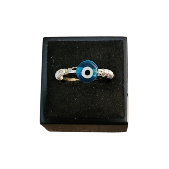 Size 7.5 Silver Toned Evil Eye Delicate Thin Band Ring