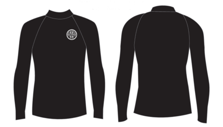 Front and back views of the black long-sleeve Mollymook rashie with a circular club badge on the left chest.