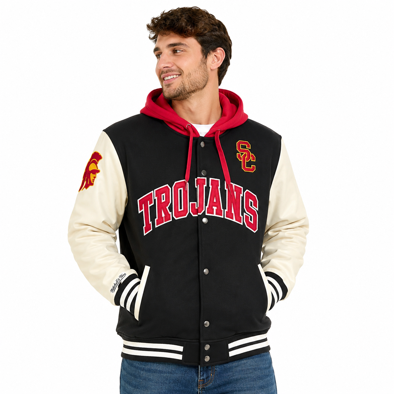 USC Trojans Black/Cream Mitchell and Ness Courtside Button Down Hooded Sweatshirt