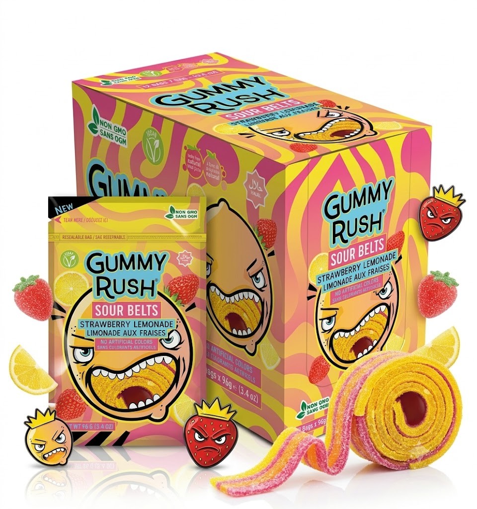 Gummy Rush Turkish Sour Belts Strawberry Lemonade 3.4oz Peg Bag 12ct