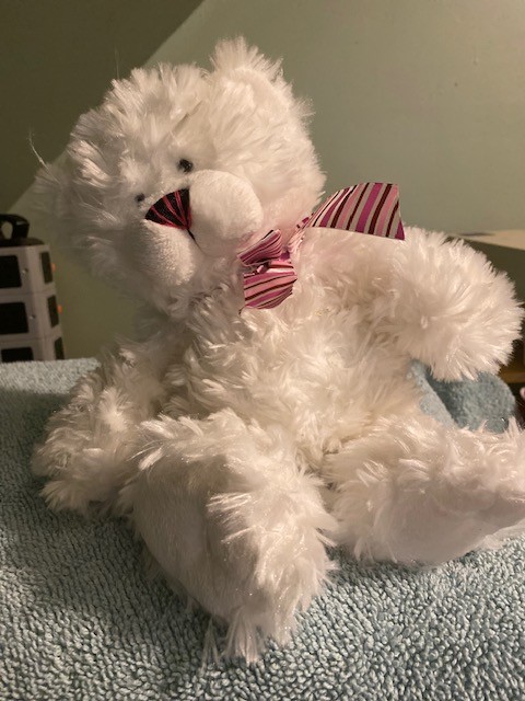 White Ganz Teddy Bear with pink striped nose and scarf 9"x 6" in Felt Santa Bucket - Image 2