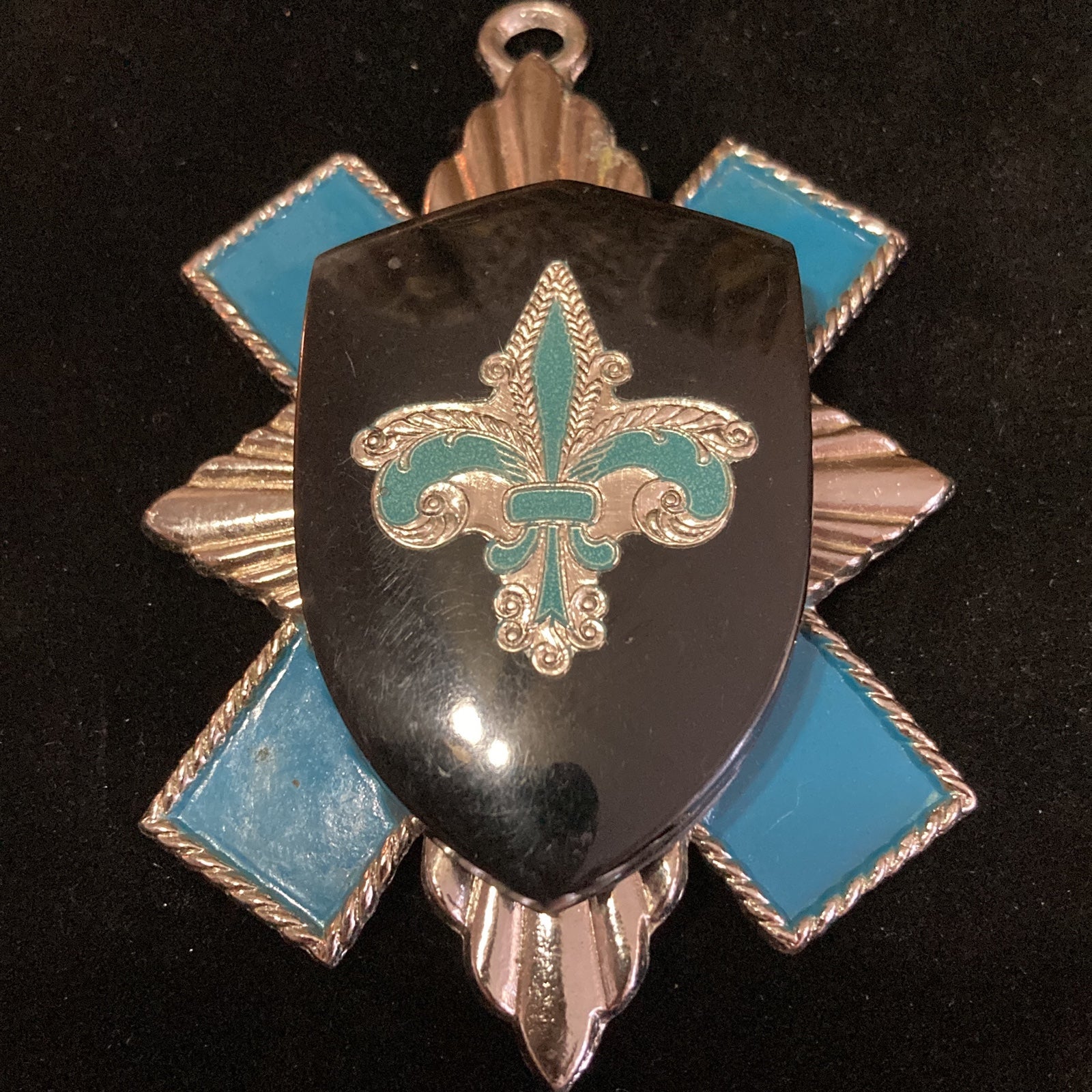 Vintage FLEUR DE LIS Pendant Blue Enamel Large Pendant
