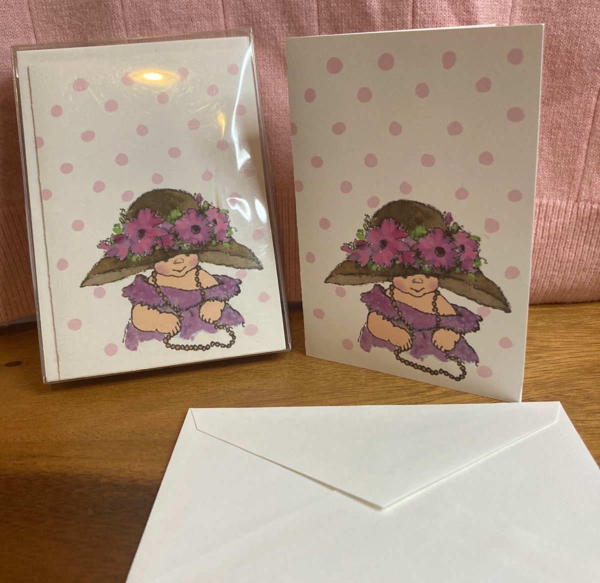 KIMBA 10 Blank Cards with Pink polka dots Baby Girl Oversized Hat pink purple