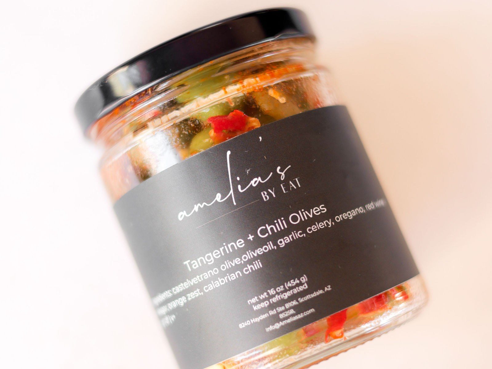 Jar of Amelia's tangerine and chili Castelvetrano olives