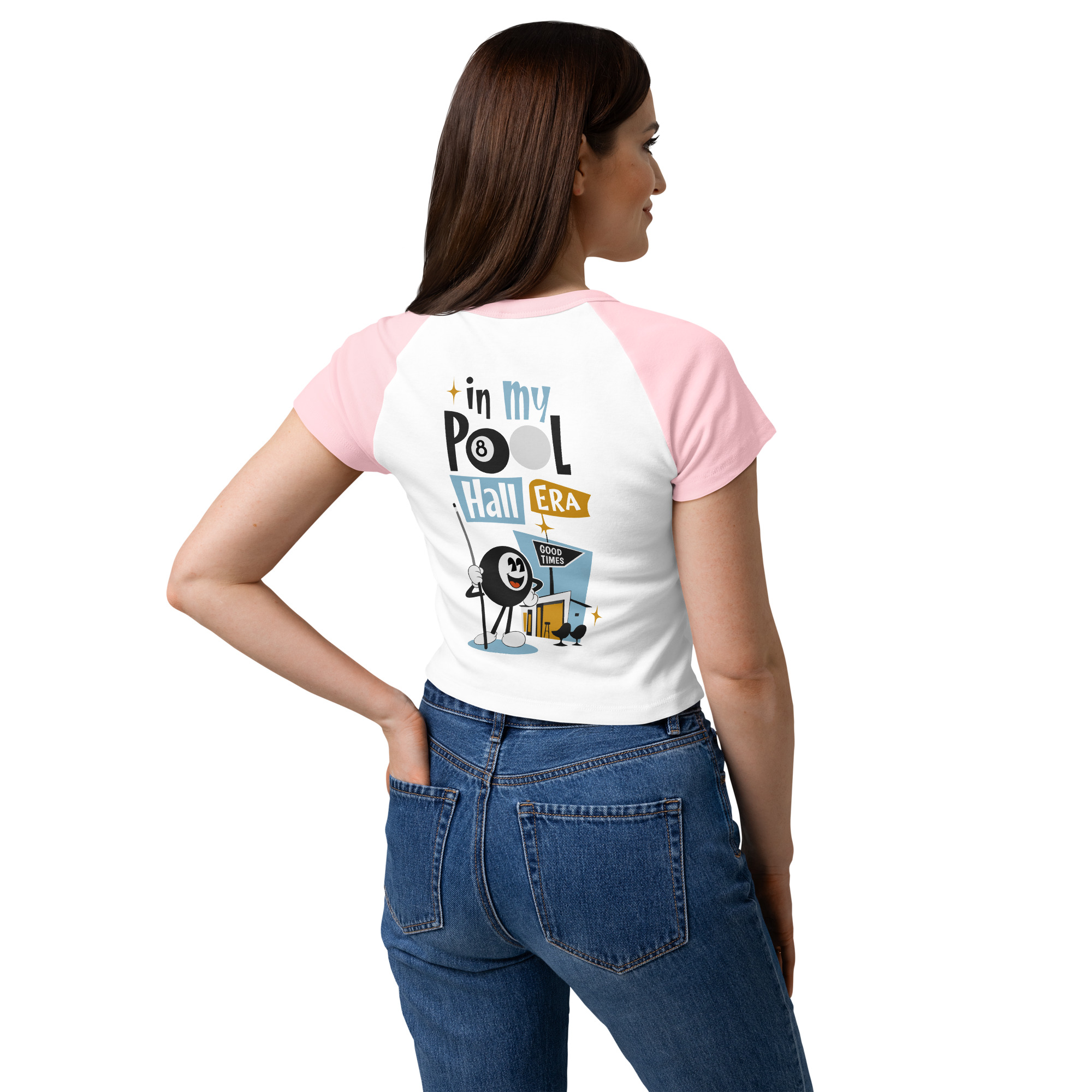 In My Pool Hall Era Women’s Baby Tee – Retro Billiards Graphic Shirt | Good Times Billiards | Bella + Canvas 1201 thumbnail 5