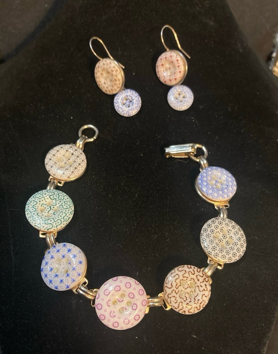 Antique Calico Stencil Button Bracelet and Earrings Sterling?