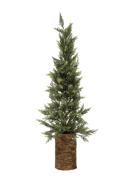 Faux Cypress Tree in Birch Bark Pot, Snow Finish