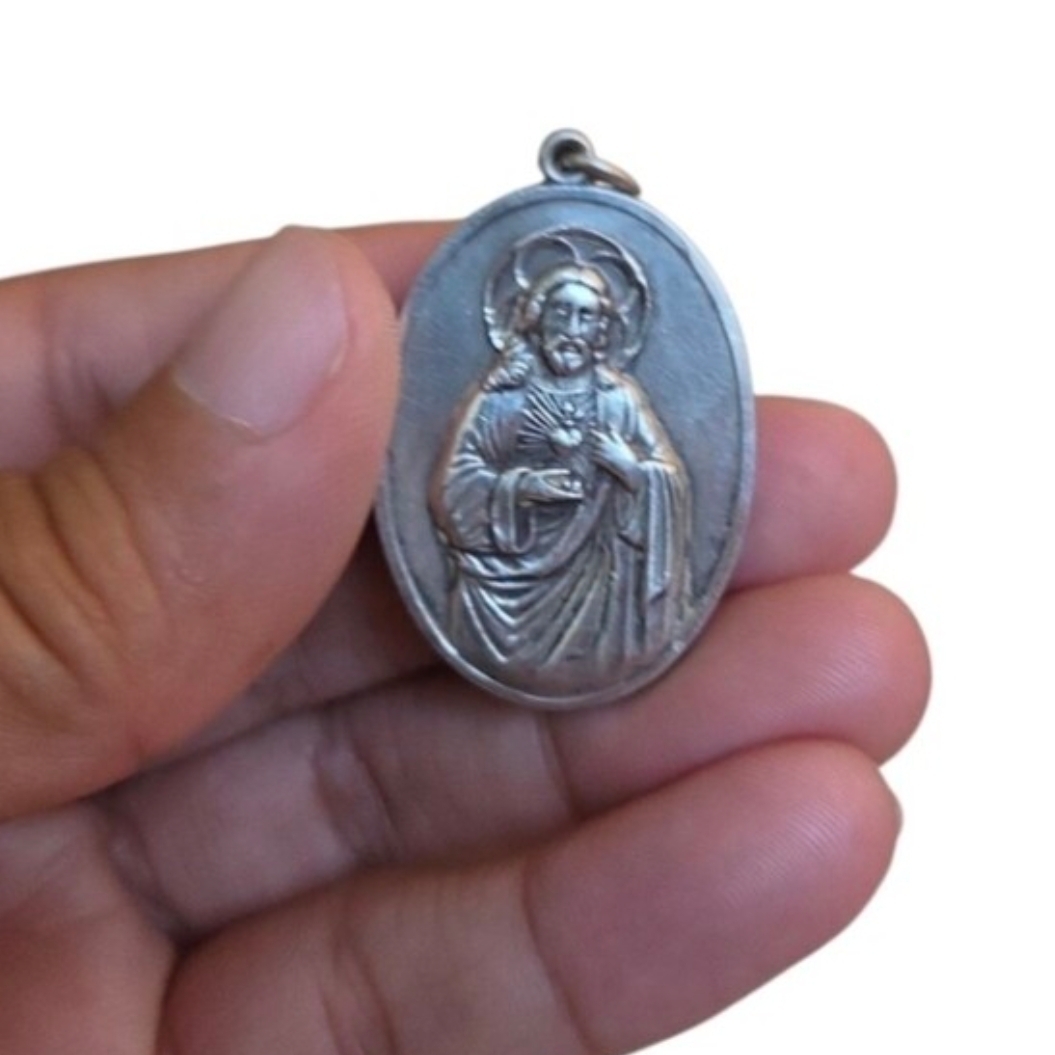 Vtg Silver Toned Sacred Heart of Jesus Our Lady of Mount Carmel Scapular Medal