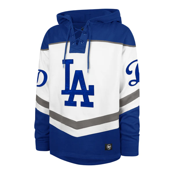 Los Angeles Dodgers Whitewash Tri Satin Lacer '47 Brand Hockey Style Hooded Sweatshirt