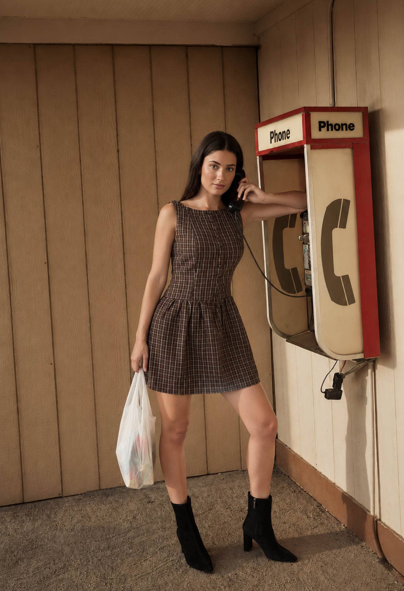 Plaid Button Front Boat Neck Sleeveless Mini Dress