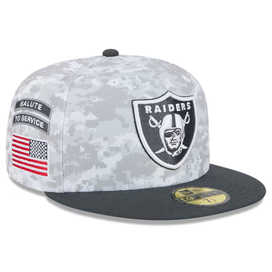Las Vegas Raiders 2024 New Era 59FIFTY Salute to Service Fitted Hat - Arctic Camo/Graphite