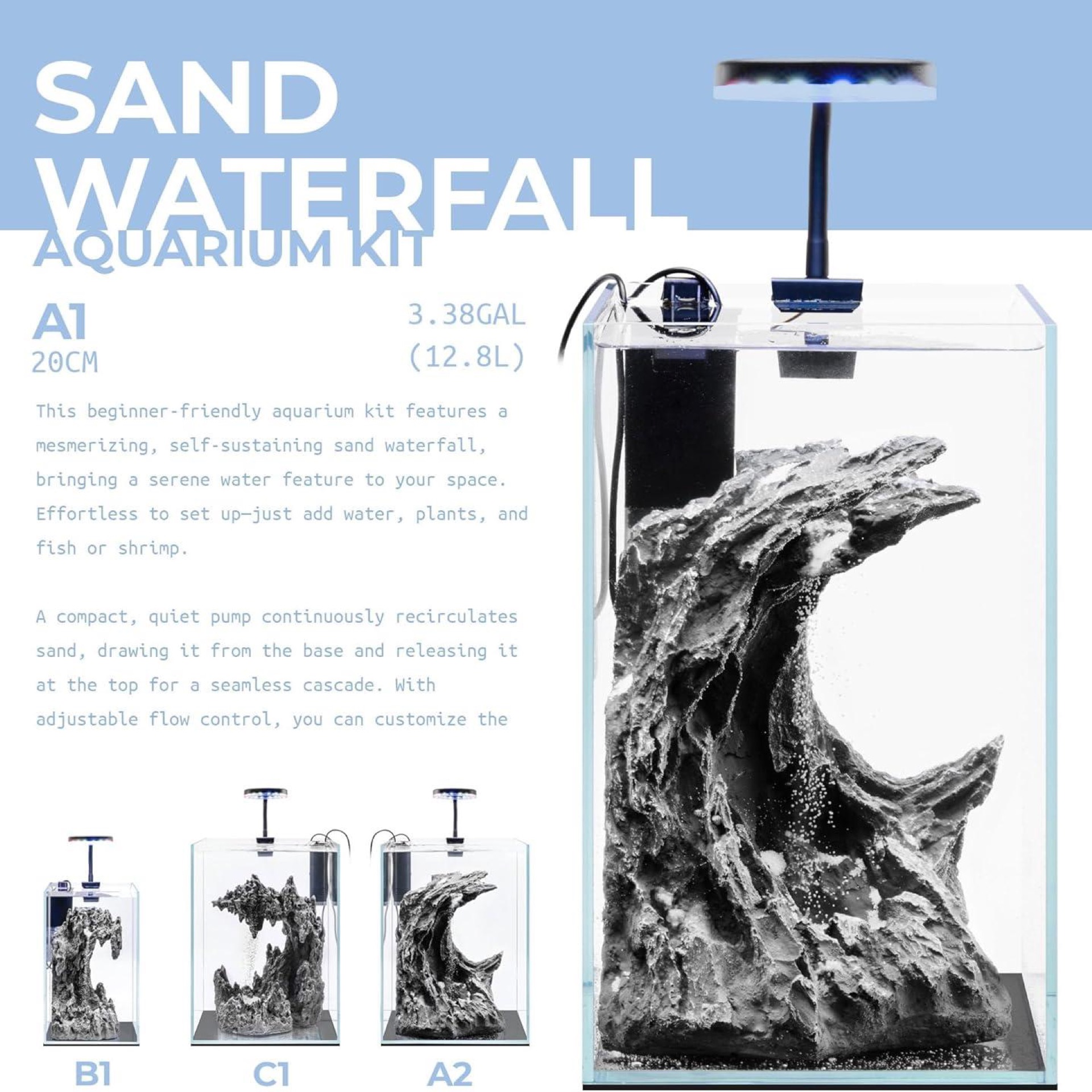 Sand Waterfall Tank Kit - Silent Operation Falling Sand Fish Tank w/LED Light and Self Cleaning Filtration - Desktop Rimless Starter Aquarium Kit, Just Add Plants