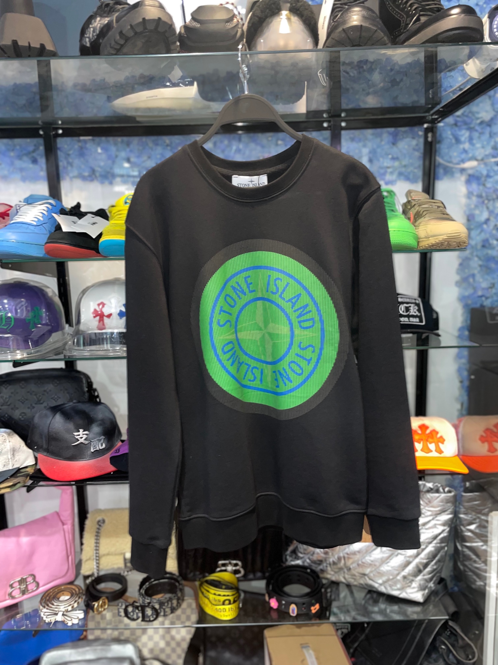 Stone Island Black Crewneck Sweatshirt Green Compass Logo