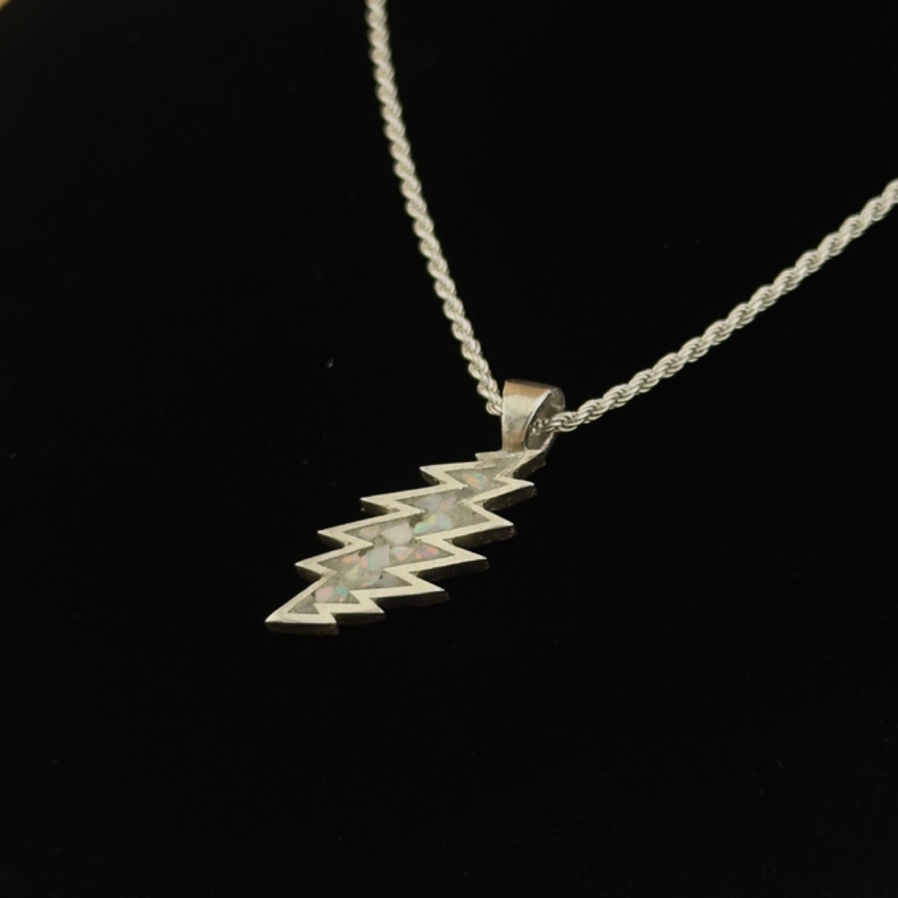 13-Point Lightning Bolt Pendant – Quartz / Opal Inlay, 925 Sterling Silver