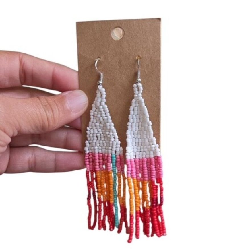 Silver Toned Beaded Tassel Earrings White, Pink, Orange & Red 4.5"