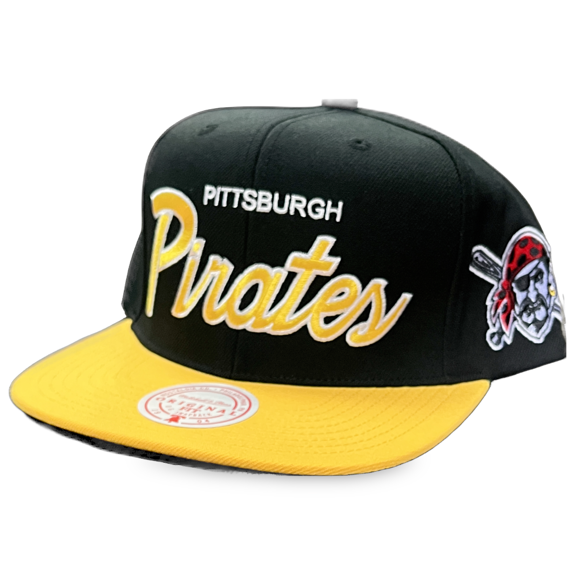 Pittsburgh Pirates Black/Gold Mitchell and Ness Retro Script Snapback Hat